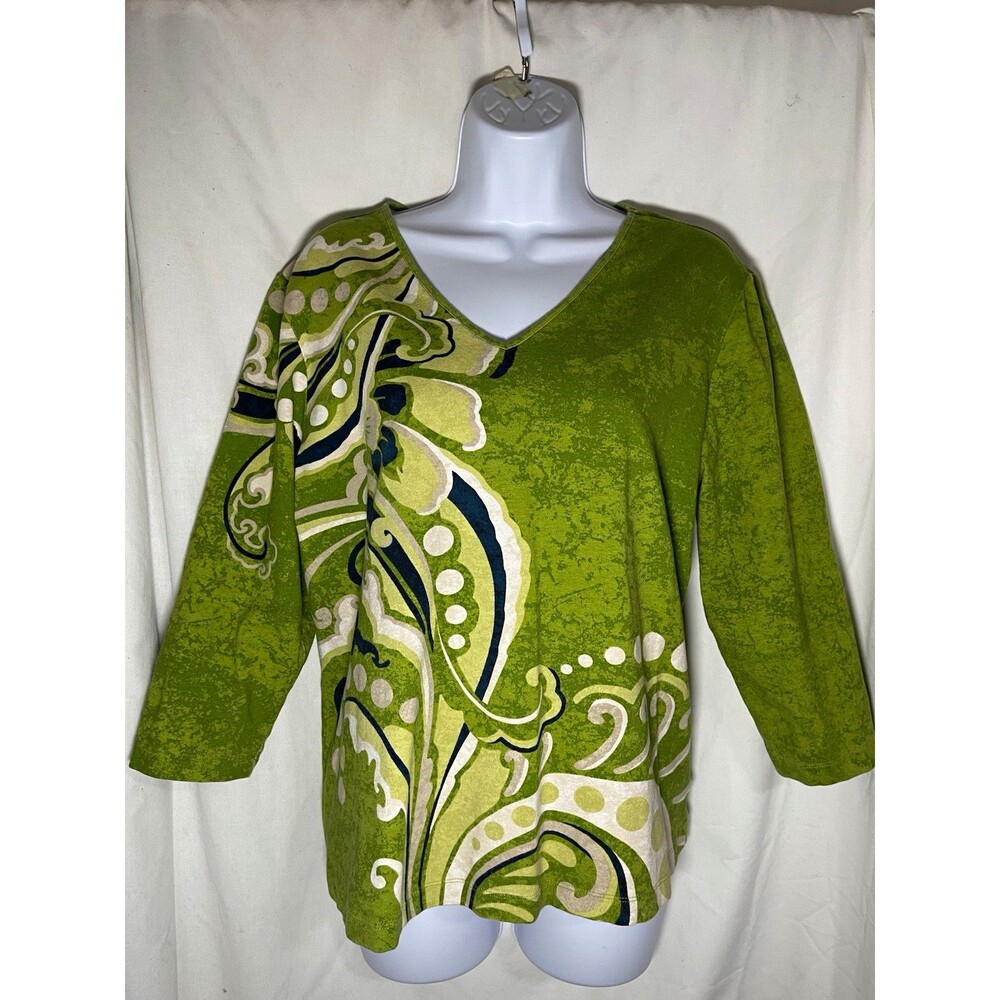 Chico’s Green Paisley V-Neck 3/4 Sleeve Knit Stretch Pullover Top Size 3